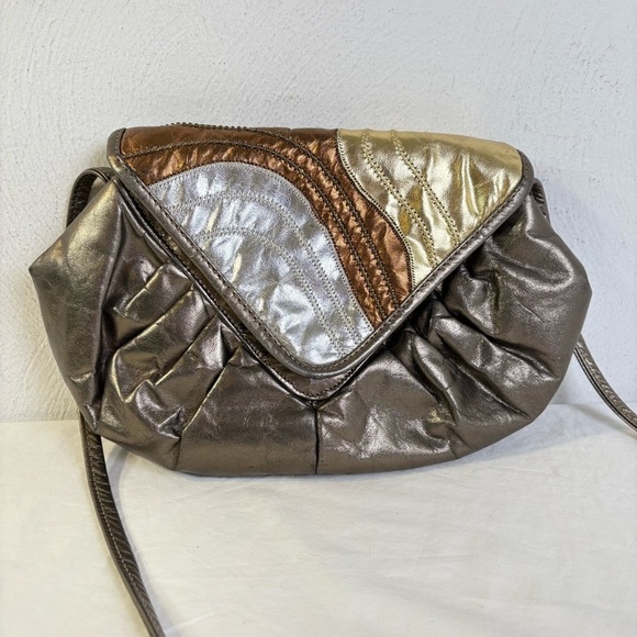 Atalla Vintage 80s 40s Art Deco Geometric Textural Metallic Genuine Leather Bag - Picture 1 of 16
